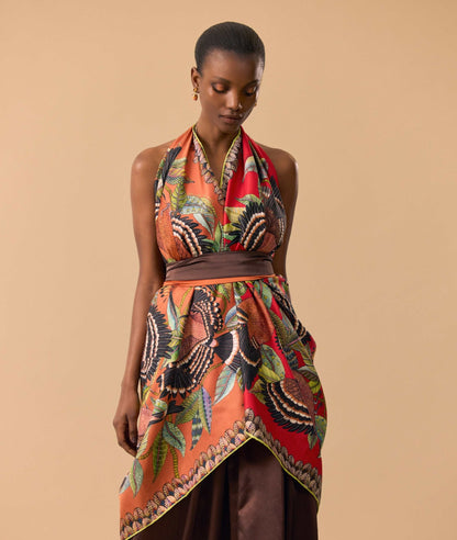 Hoopoe Hop Silk Scarf Rust 90 (Double face)