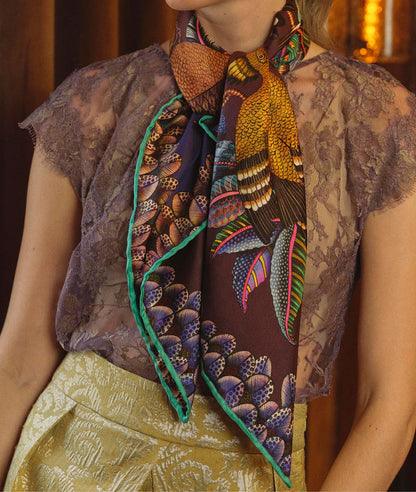 Hoopoe Hop Silk Scarf Royal Plum 90 (Double face)