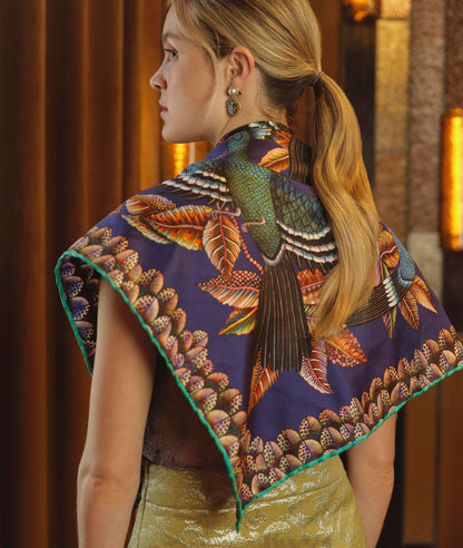 Hoopoe Hop Silk Scarf Royal Plum 90 (Double face)
