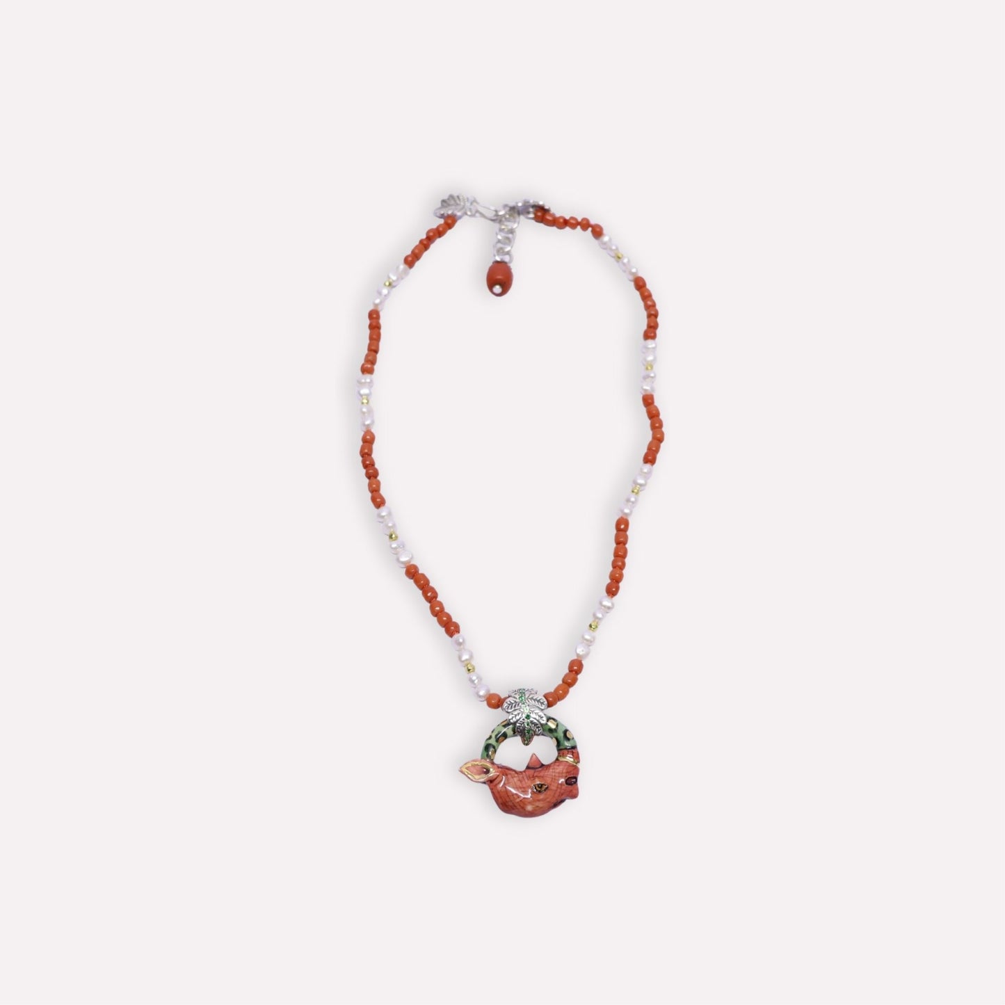 Coral Rhino with Leaf Bale Necklace