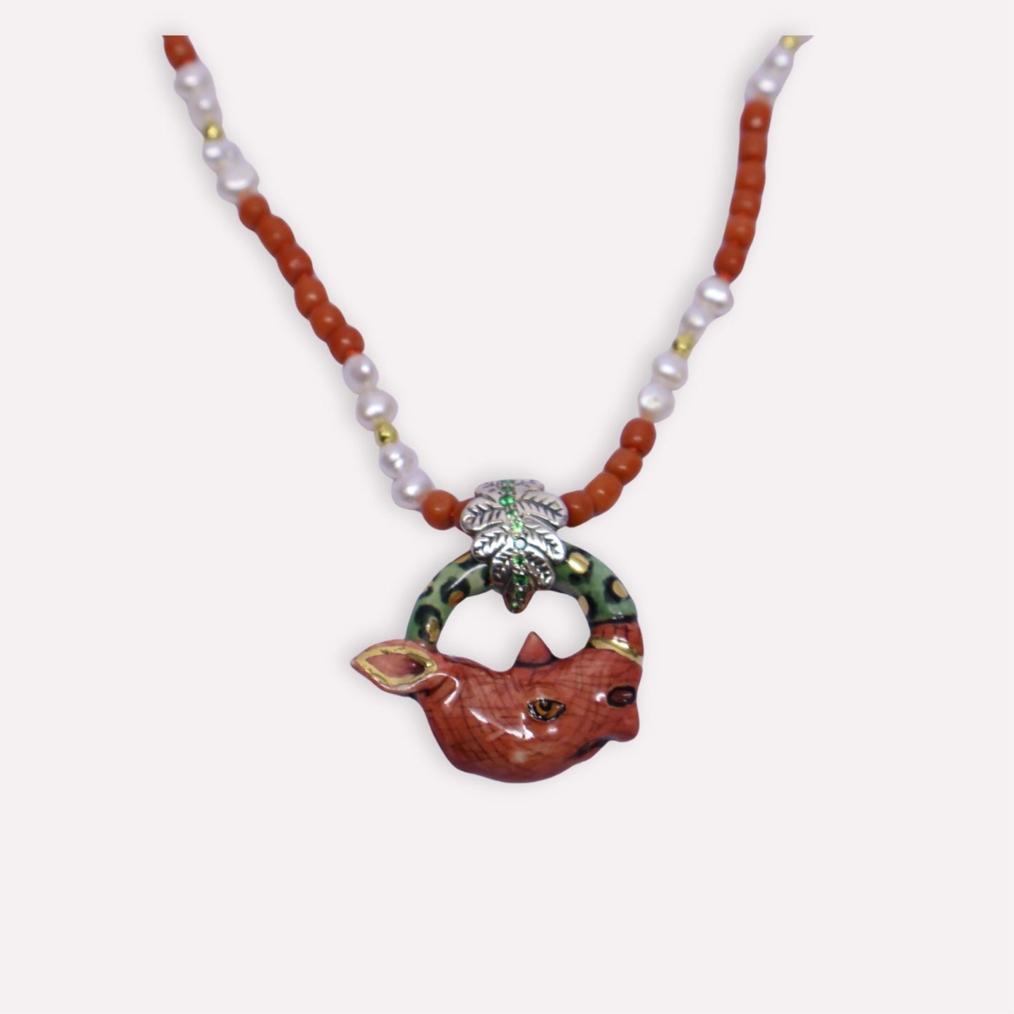 Coral Rhino with Leaf Bale Necklace