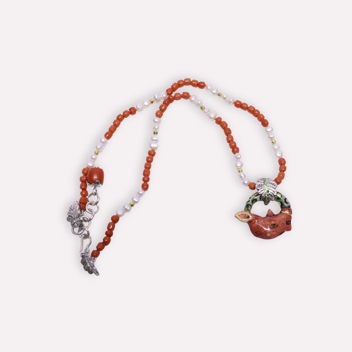 Coral Rhino with Leaf Bale Necklace