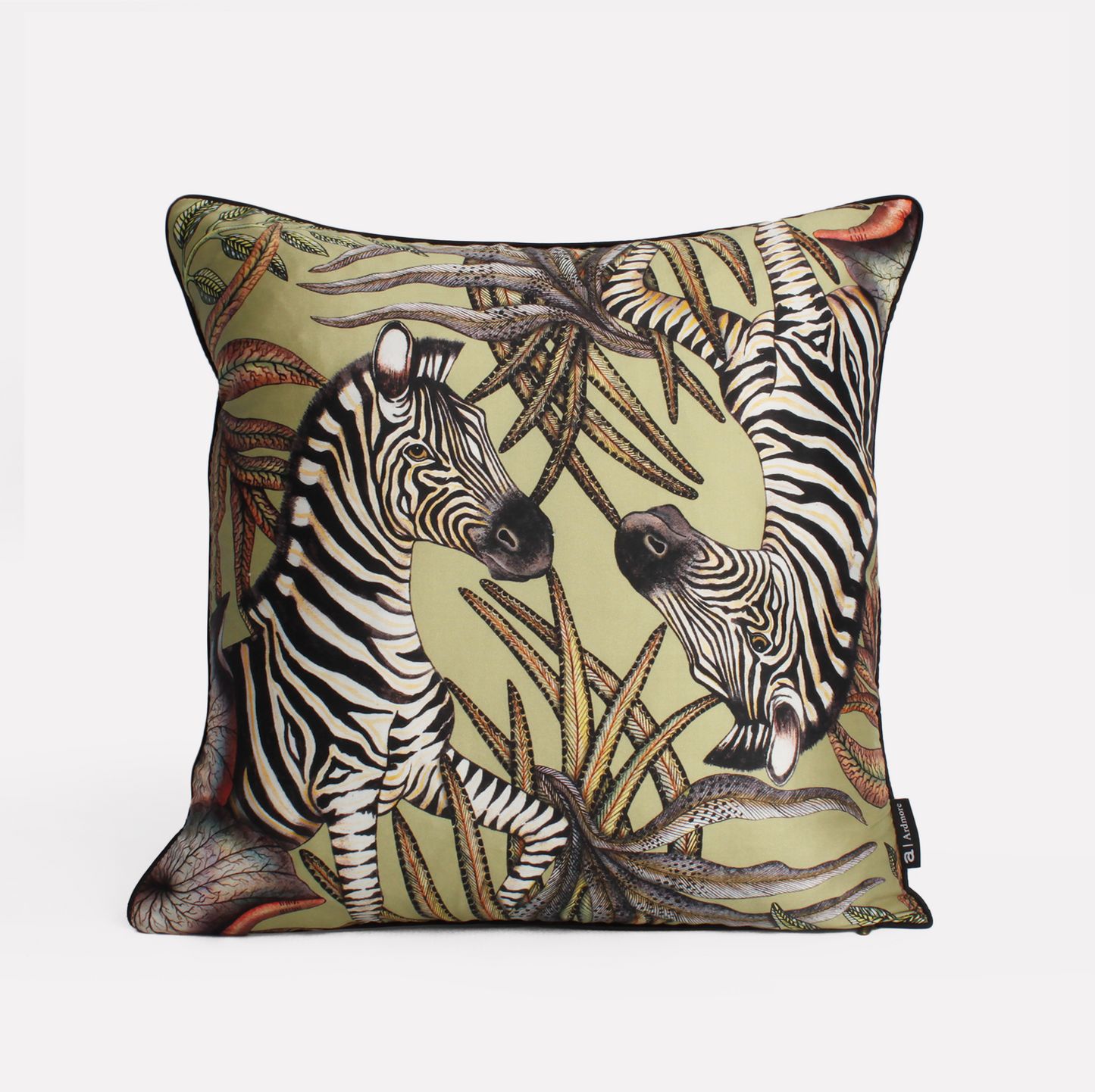 Front view of the Thanda Stripe Delta Silk Cushion Cover showcasing majestic zebras amidst a warm Delta colour palette, crafted on luxurious silk fabric.