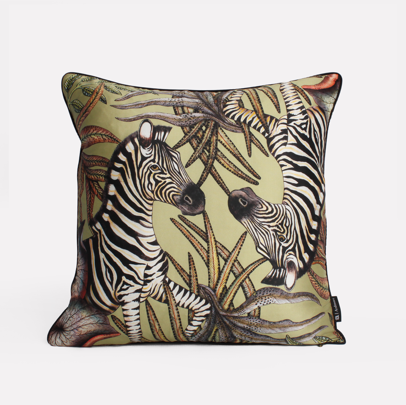 Front view of the Thanda Stripe Delta Silk Cushion Cover showcasing majestic zebras amidst a warm Delta colour palette, crafted on luxurious silk fabric.