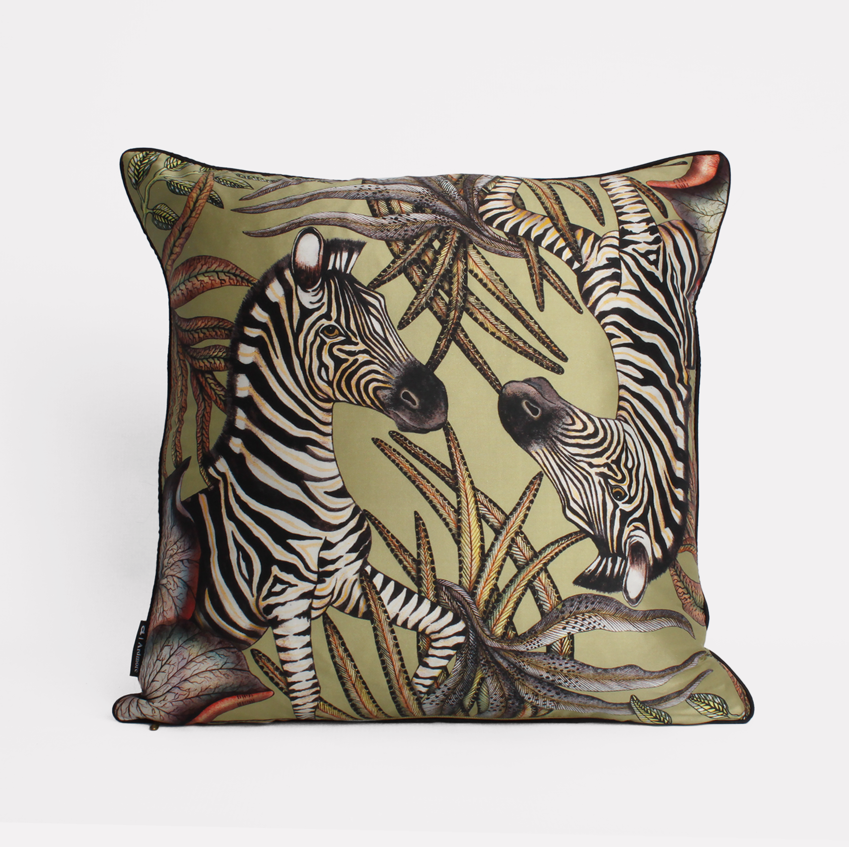 Side view of the Thanda Stripe Delta Silk Cushion Cover highlighting the intricate double-sided print and elegant zebra-themed design.