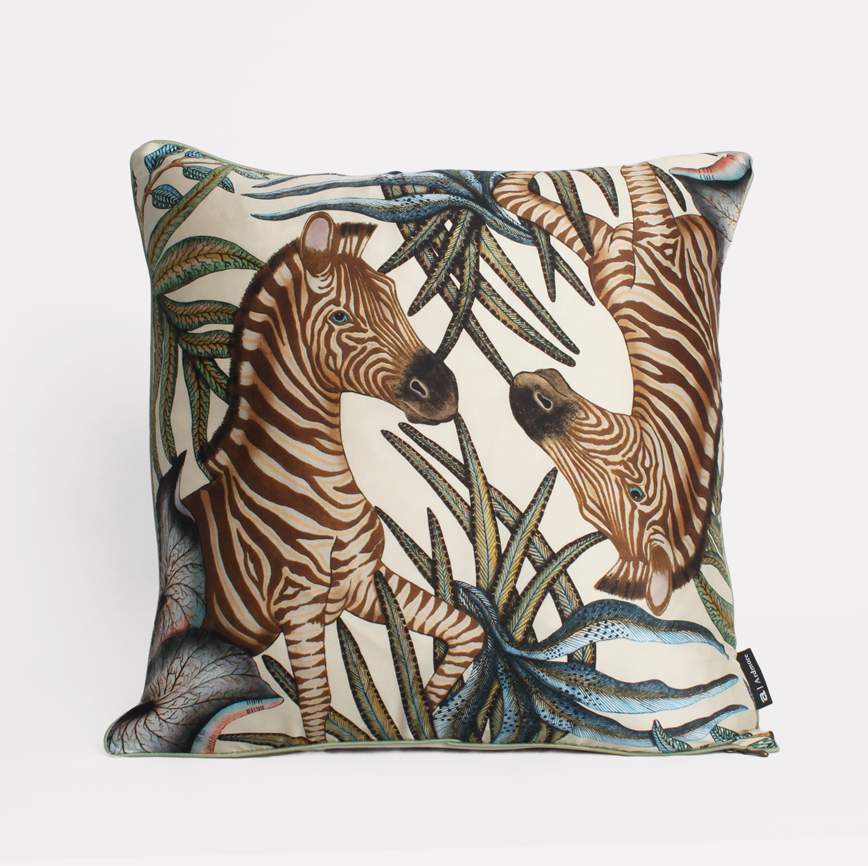Front view of the Thanda Stripe Tanzanite Silk Cushion Cover featuring two zebras amidst vibrant Tanzanite hues, printed on luxurious silk fabric.