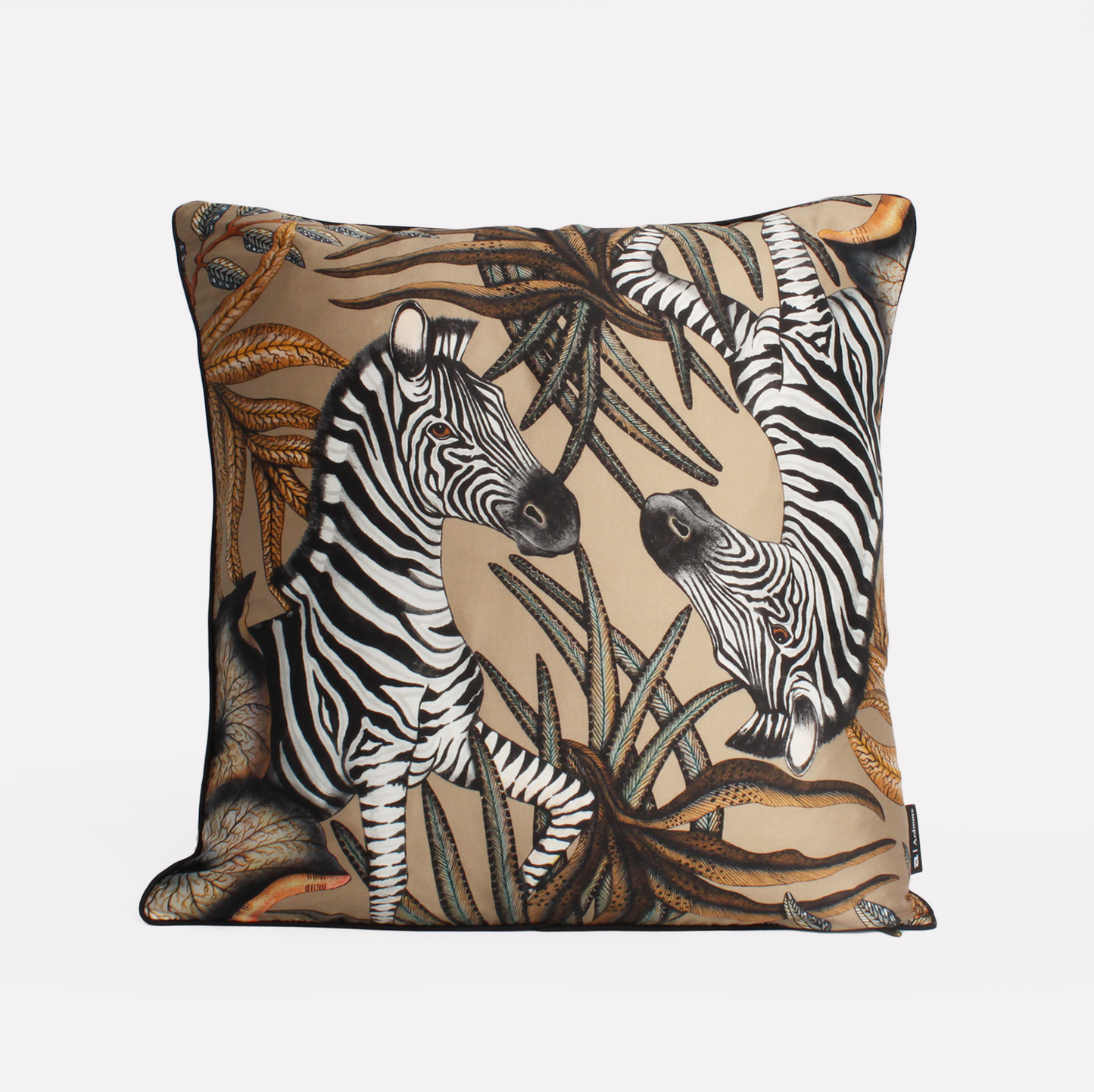 Front view of the Thanda Stripe Savannah Silk Cushion Cover featuring two majestic zebras amidst earthy tones, set on a luxurious silk fabric.