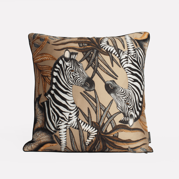 Front view of the Thanda Stripe Savannah Silk Cushion Cover featuring two majestic zebras amidst earthy tones, set on a luxurious silk fabric.
