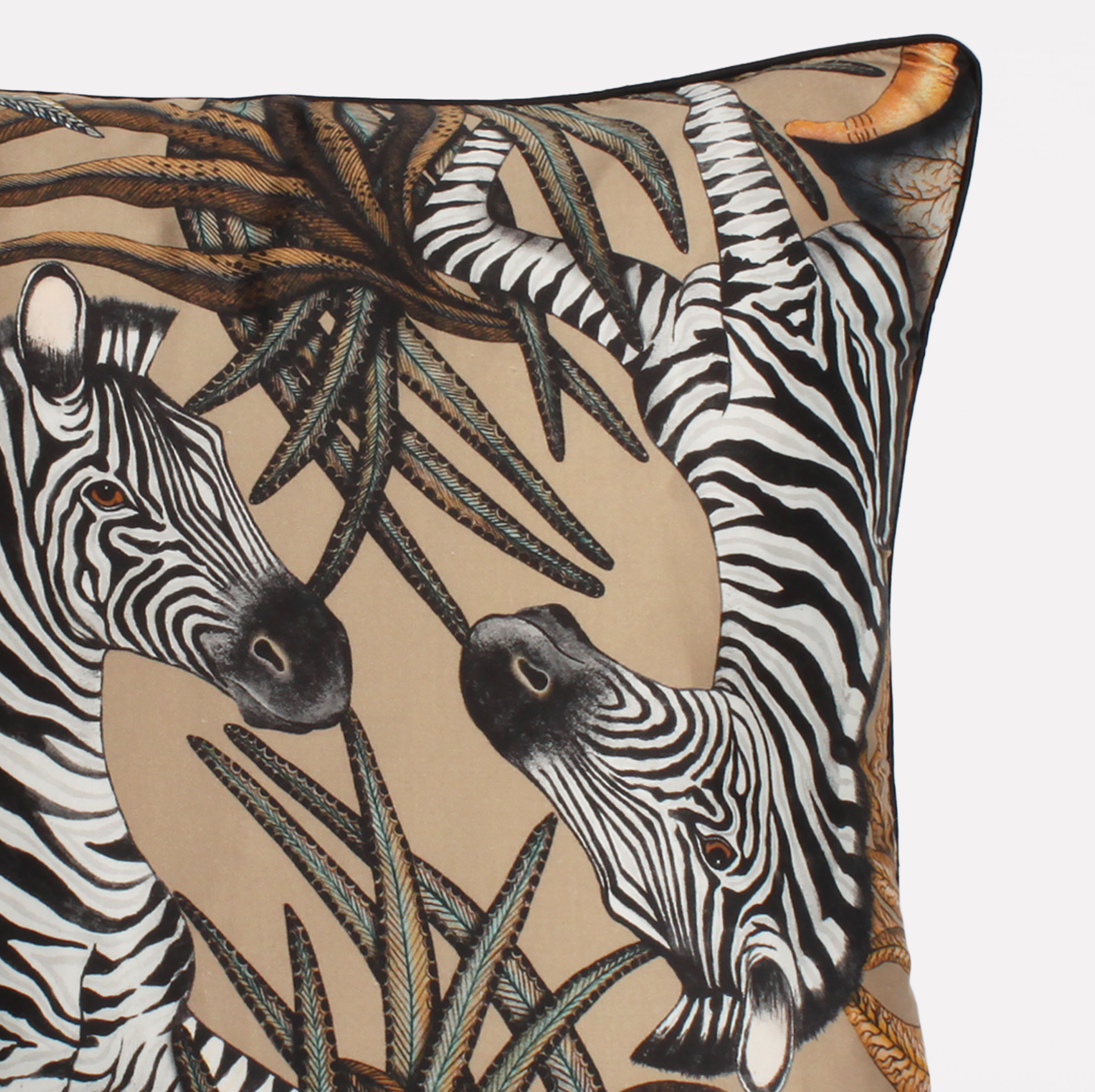 Angled side view of the Thanda Stripe Savannah Silk Cushion Cover showcasing the intricate double-sided print and harmonious savannah-inspired design.