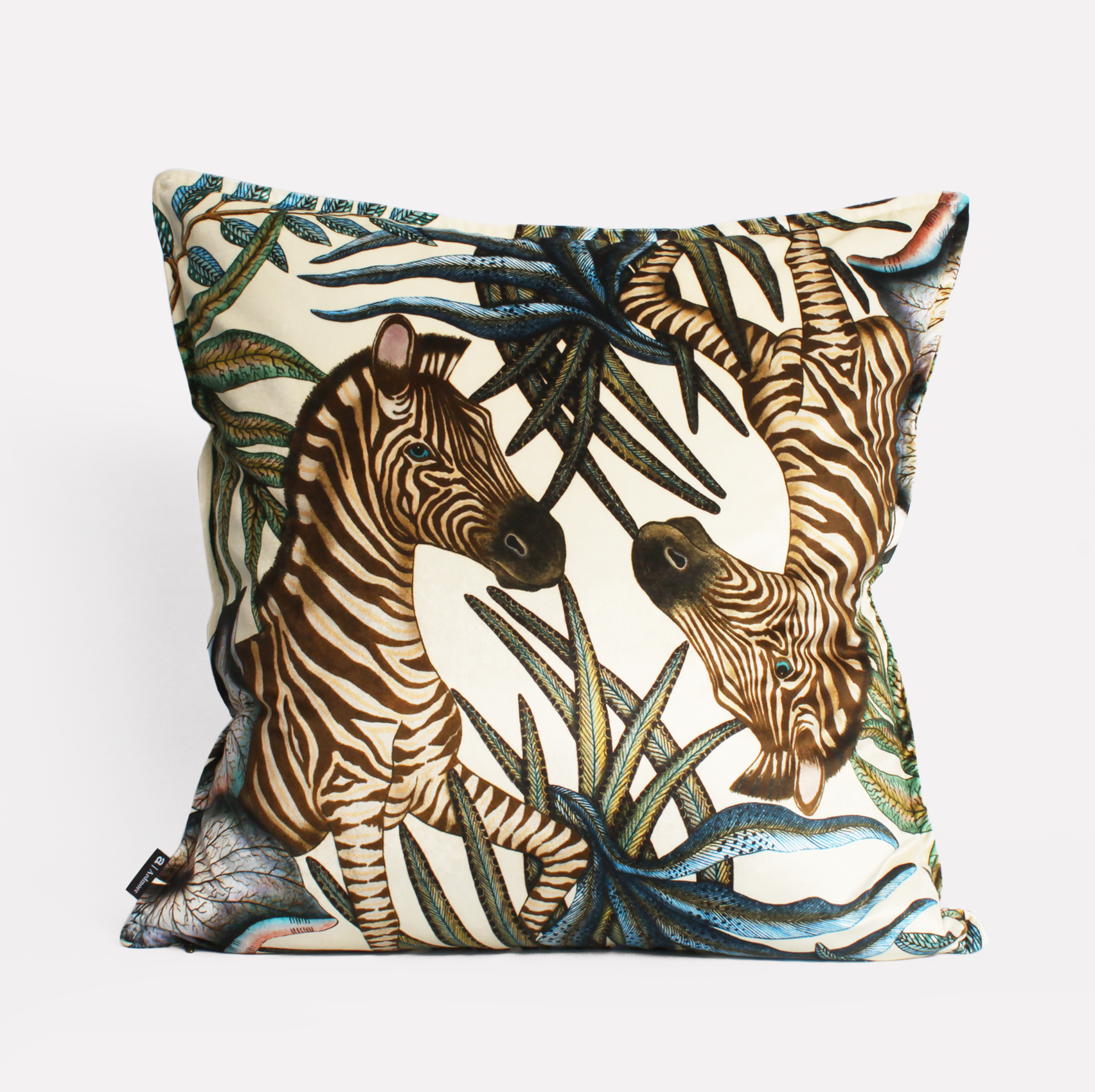 Side angle of the Thanda Stripe Tanzanite Velvet Cushion Cover, highlighting the intricate double-sided print of zebras and tropical foliage.