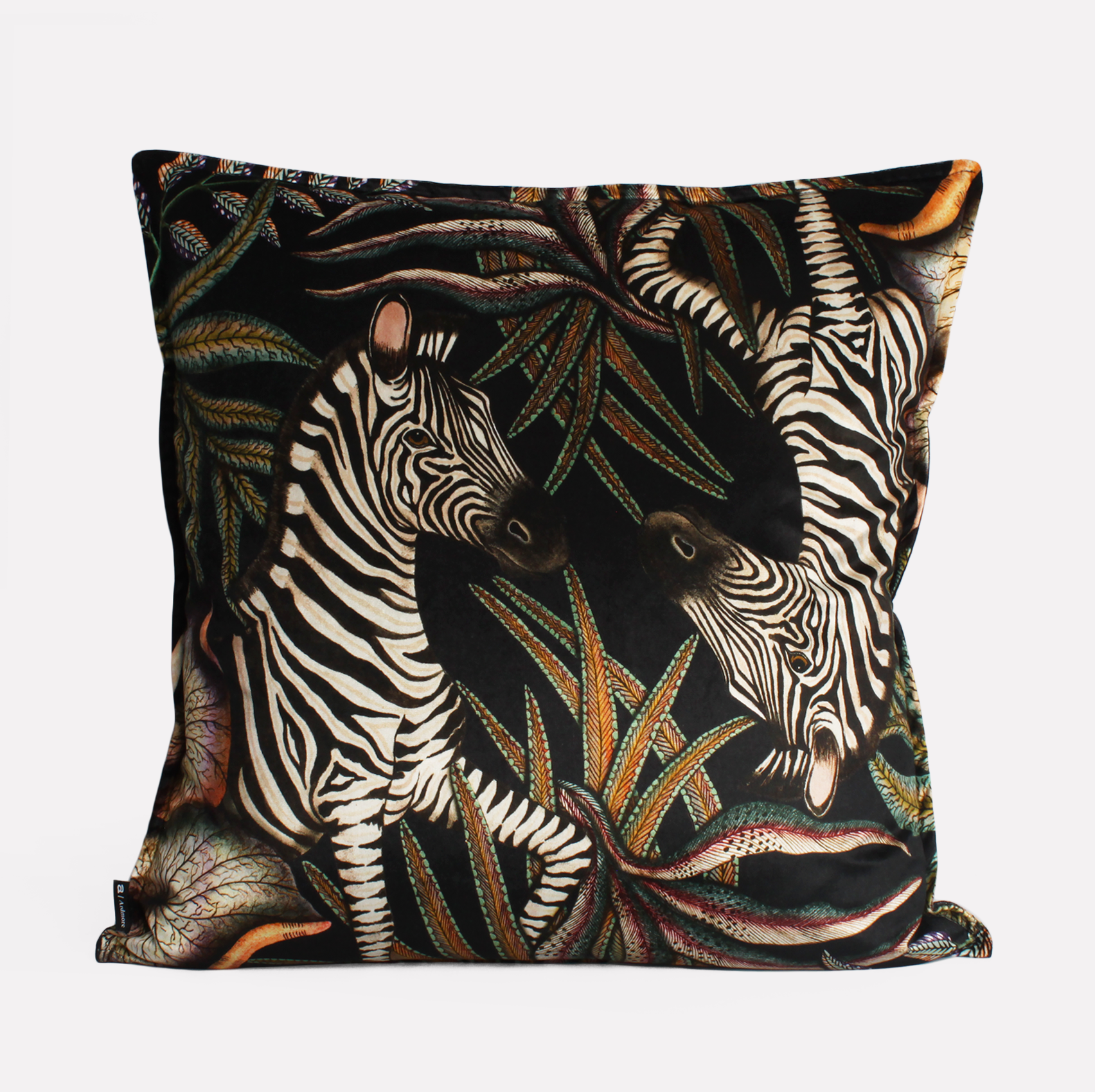 Angled perspective of the Thanda Stripe Night Velvet Cushion Cover highlighting its dark, rich tones and detailed top-stitched velvet finish.