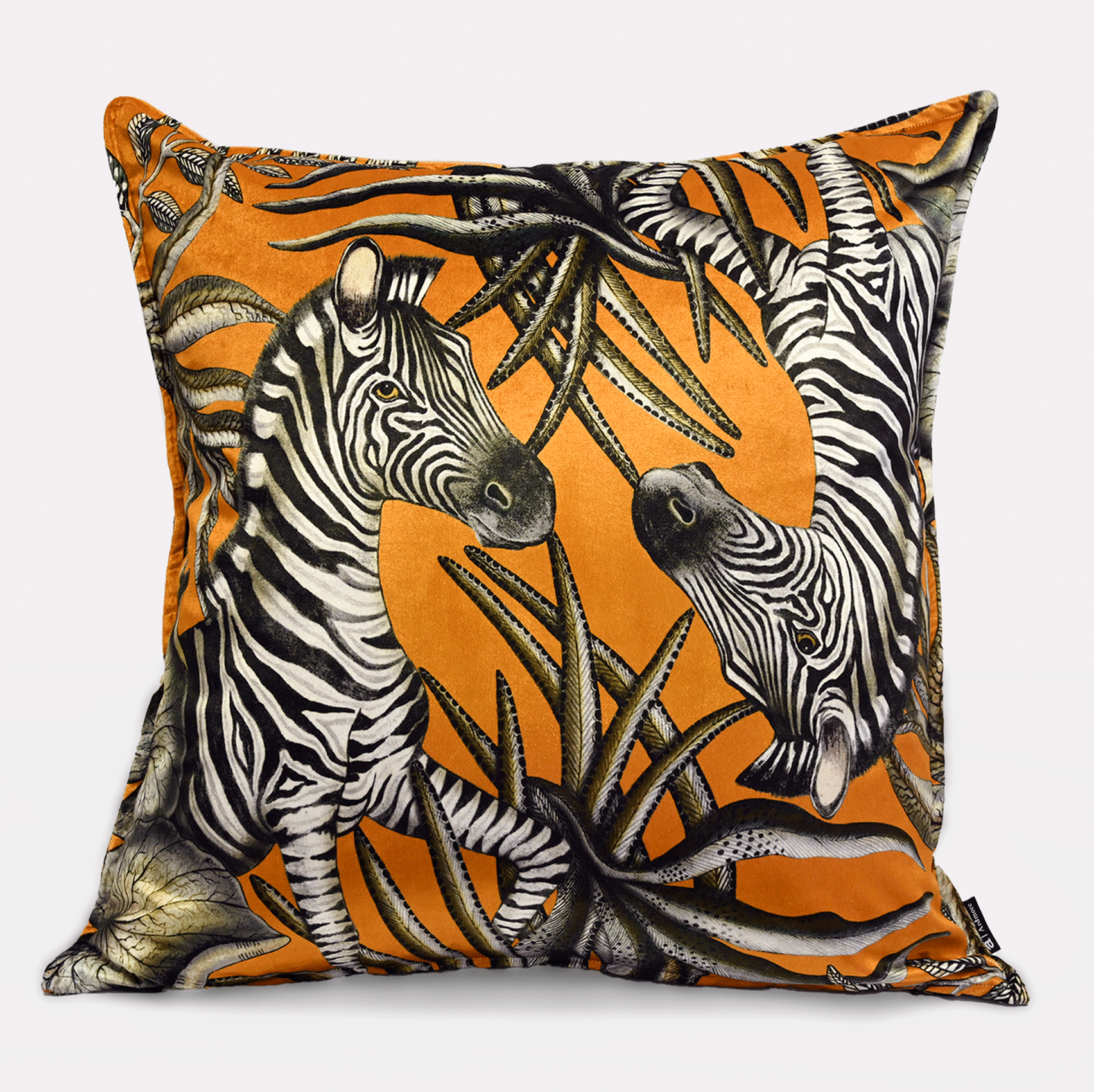 Front view of the Thanda Stripe Flame Velvet Cushion Cover, featuring a striking zebra motif set against a vibrant orange background, accented with lush African-inspired foliage.