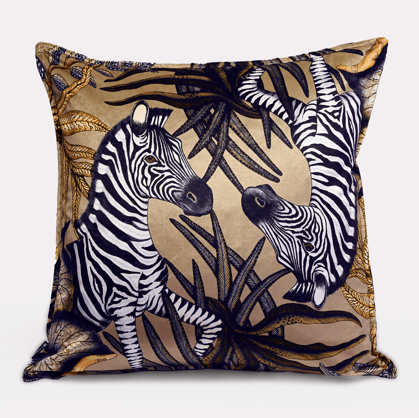 Front view of the Thanda Stripe Savannah Velvet Cushion Cover, featuring bold zebra illustrations set against a warm savannah gold backdrop.