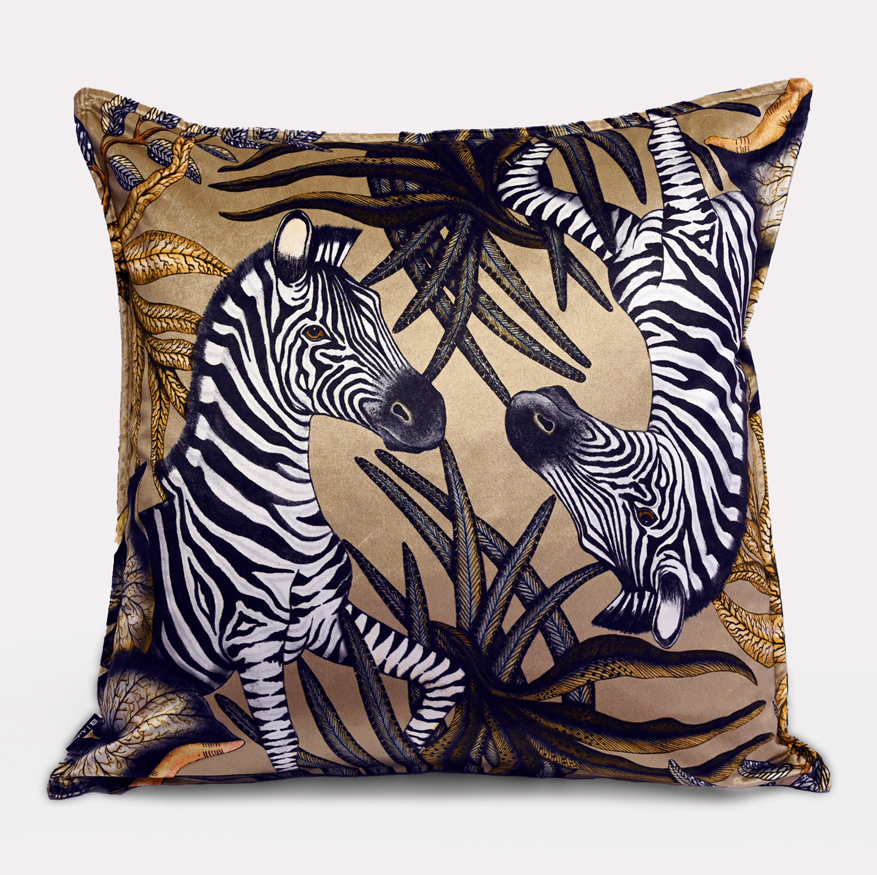 Front view of the Thanda Stripe Savannah Velvet Cushion Cover, featuring bold zebra illustrations set against a warm savannah gold backdrop.