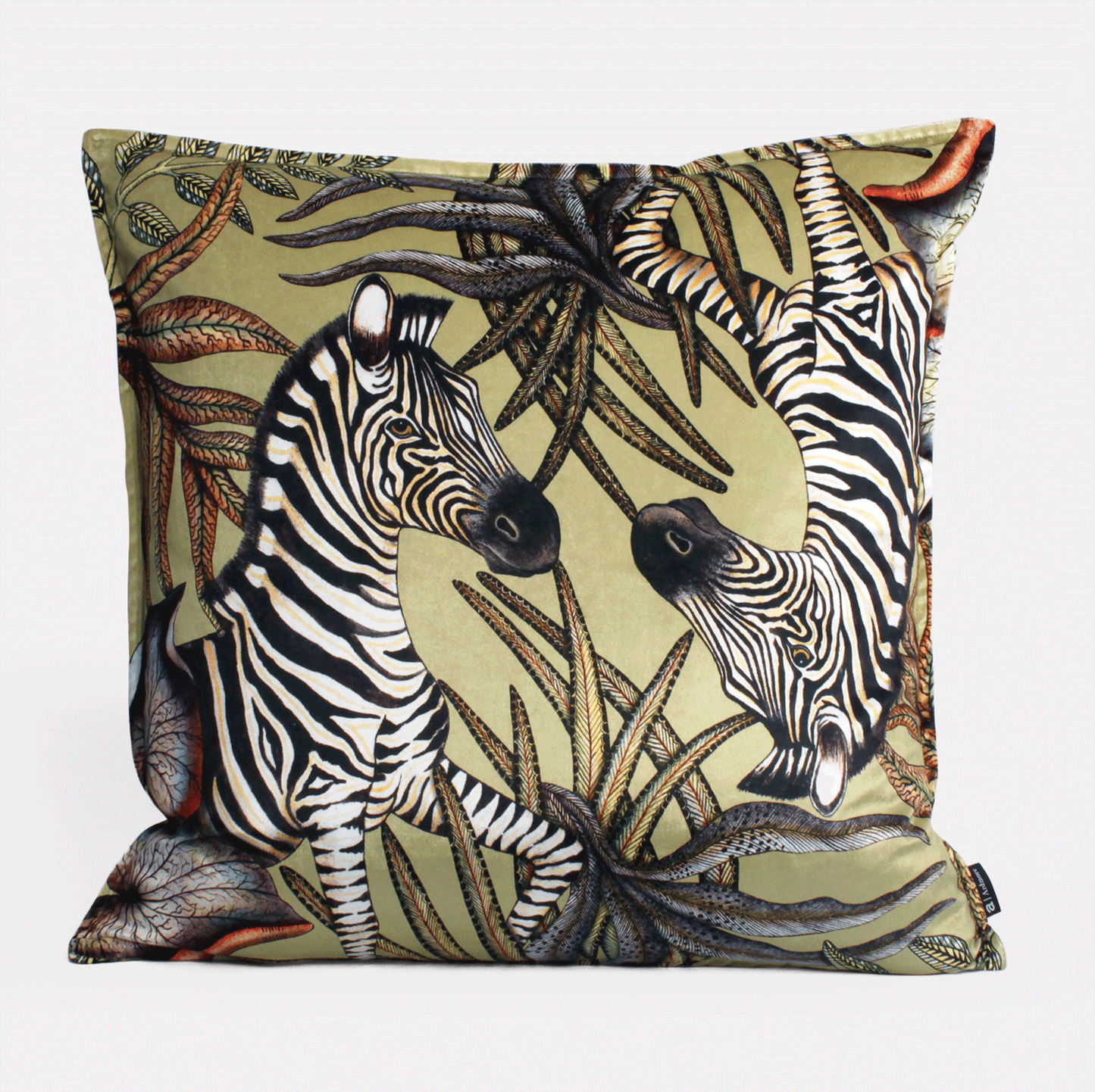 Front view of the Thanda Stripe Delta Velvet Cushion Cover, highlighting an intricate zebra design set amidst lush greenery on premium velvet.