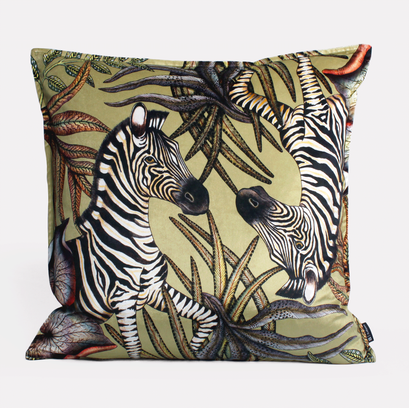Front view of the Thanda Stripe Delta Velvet Cushion Cover, highlighting an intricate zebra design set amidst lush greenery on premium velvet.