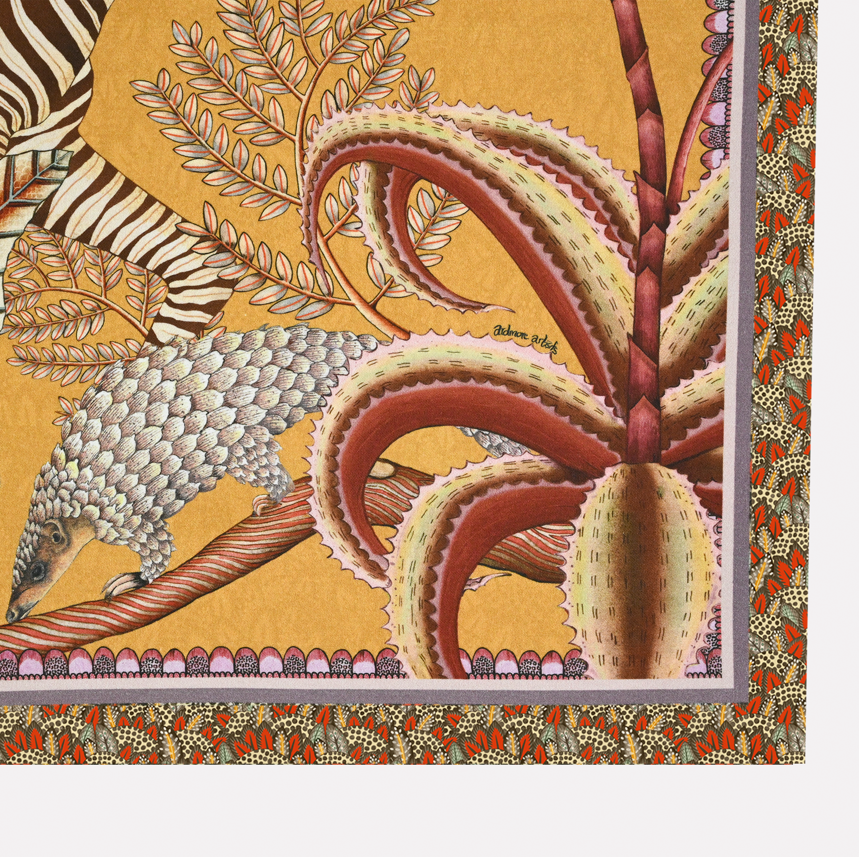 A zoomed-in corner section of the Ardmore Thanda Stripe Napkin in Magnolia, showcasing delicate botanical elements and earthy textures inspired by African landscapes.