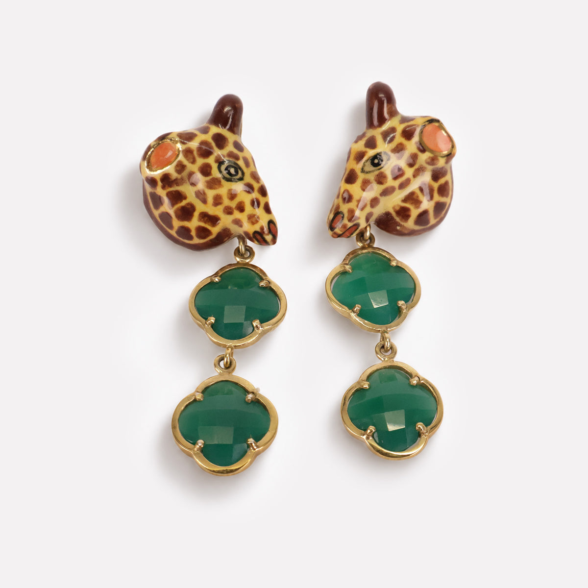 Giraffe Green Onyx Clover Earrings