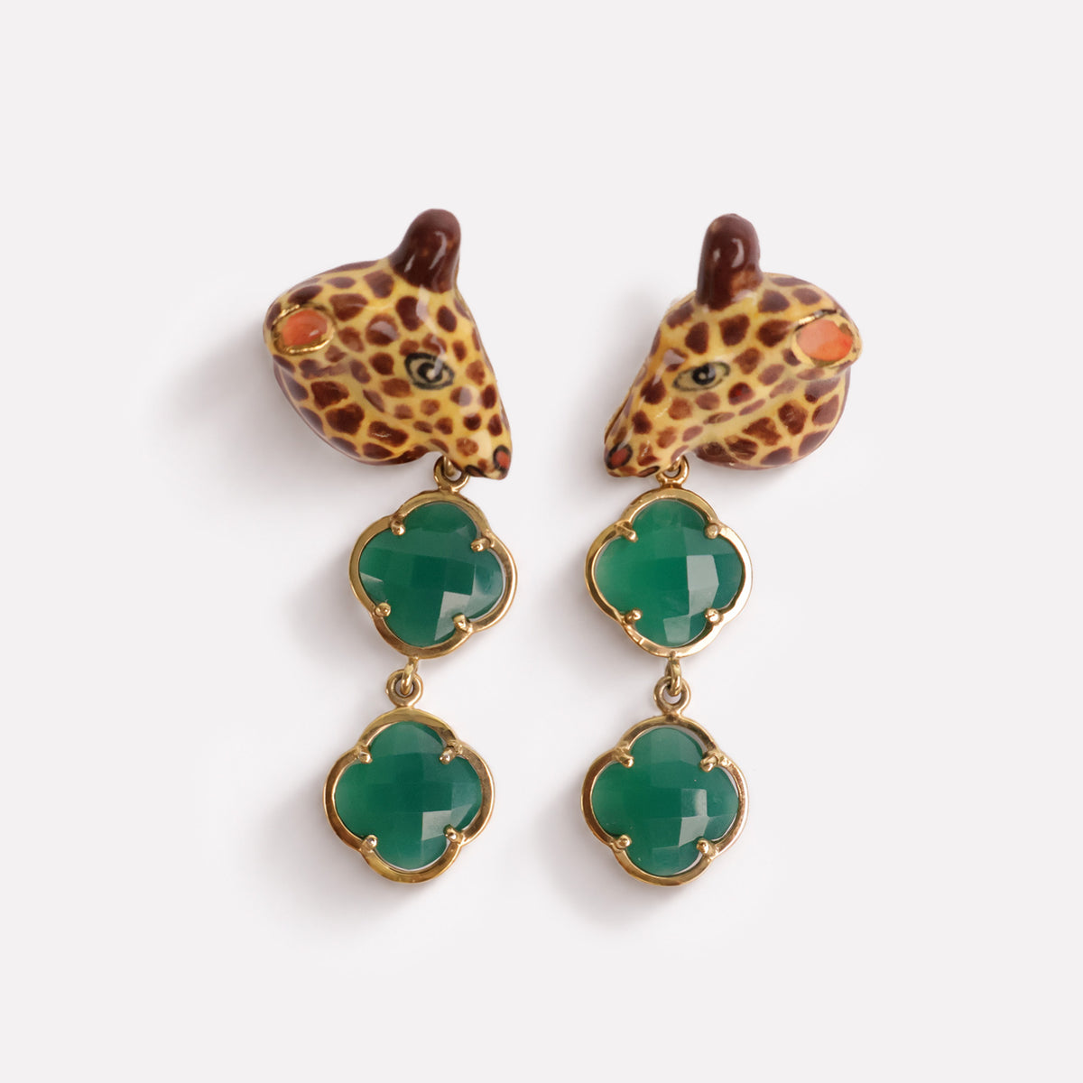Giraffe Green Onyx Clover Earrings