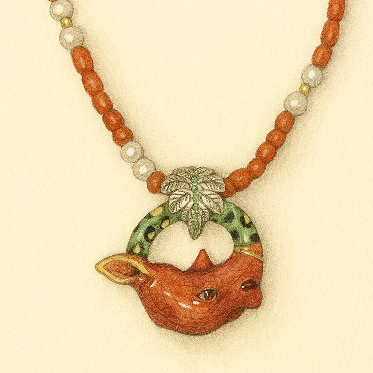 Coral Rhino with Leaf Bale Necklace