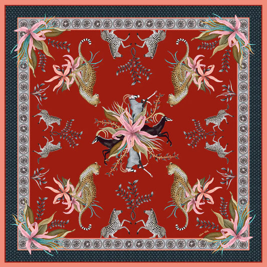Leopard Lily Square Tablecloth in Royal Red Ardmore Design
