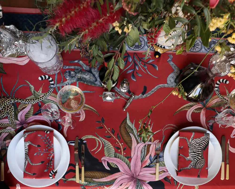 Leopard Lily Square Tablecloth in Royal Red Ardmore Design