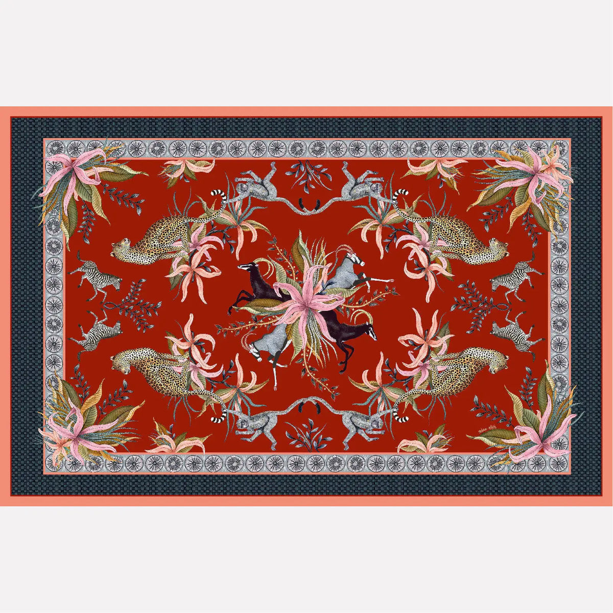 Leopard Lily Tablecloth in Royal Red Ardmore Design