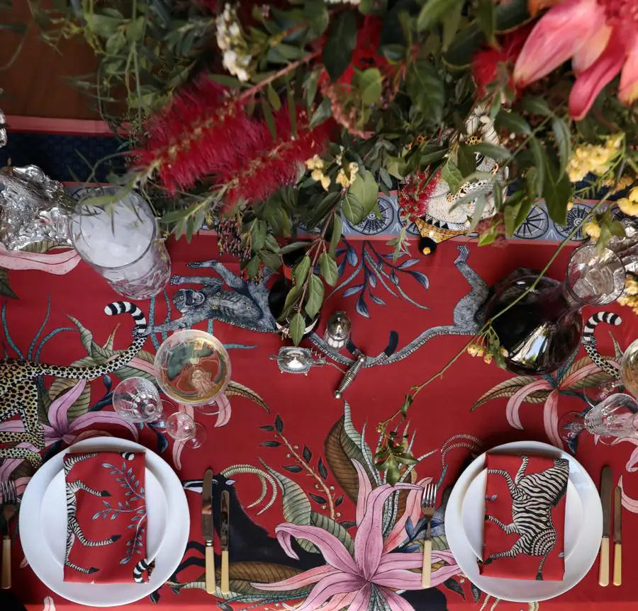 Leopard Lily Tablecloth in Royal Red Ardmore Design