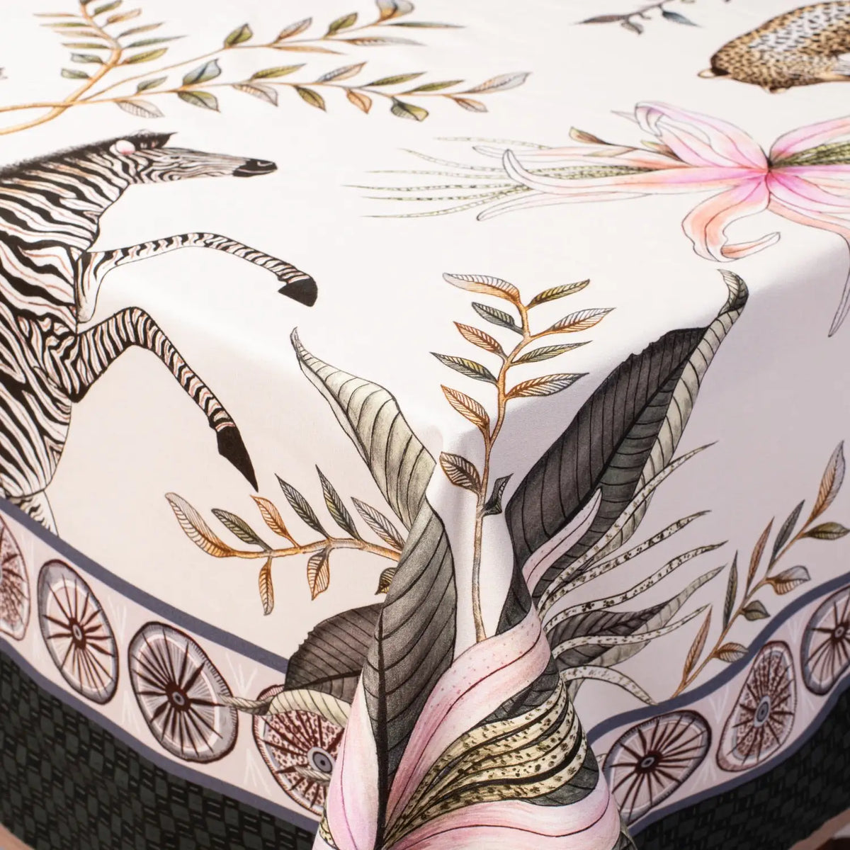 Leopard Lily Tablecloth in Safari Stone Ardmore Design