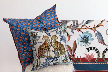 Lovebird Leopards Tanzanite Silk Cushion Cover Ardmore Design