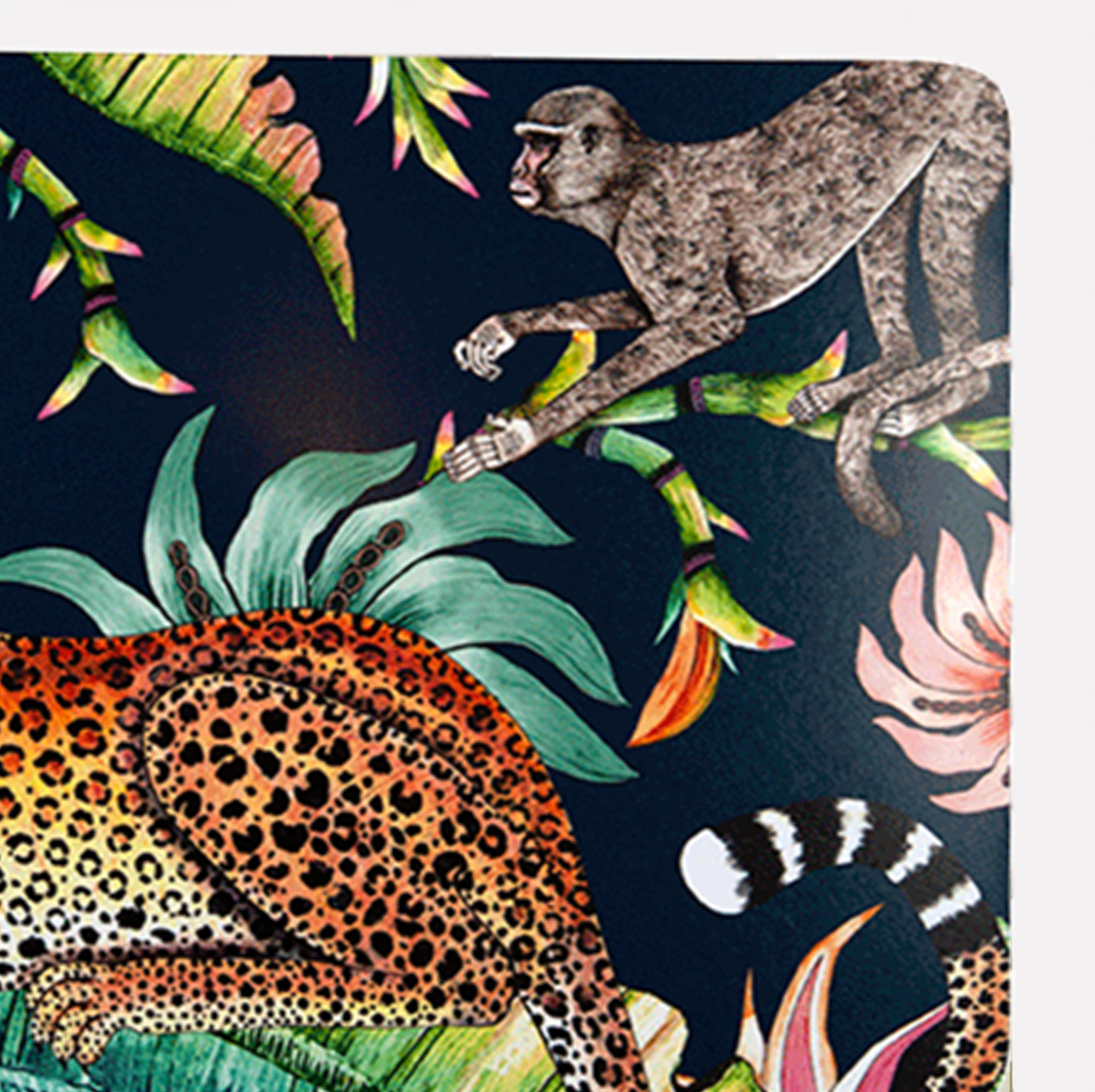 A detailed section focusing on the lively monkey amidst vibrant green leaves and tropical flowers, showcasing the artistic intricacy of the pattern.
