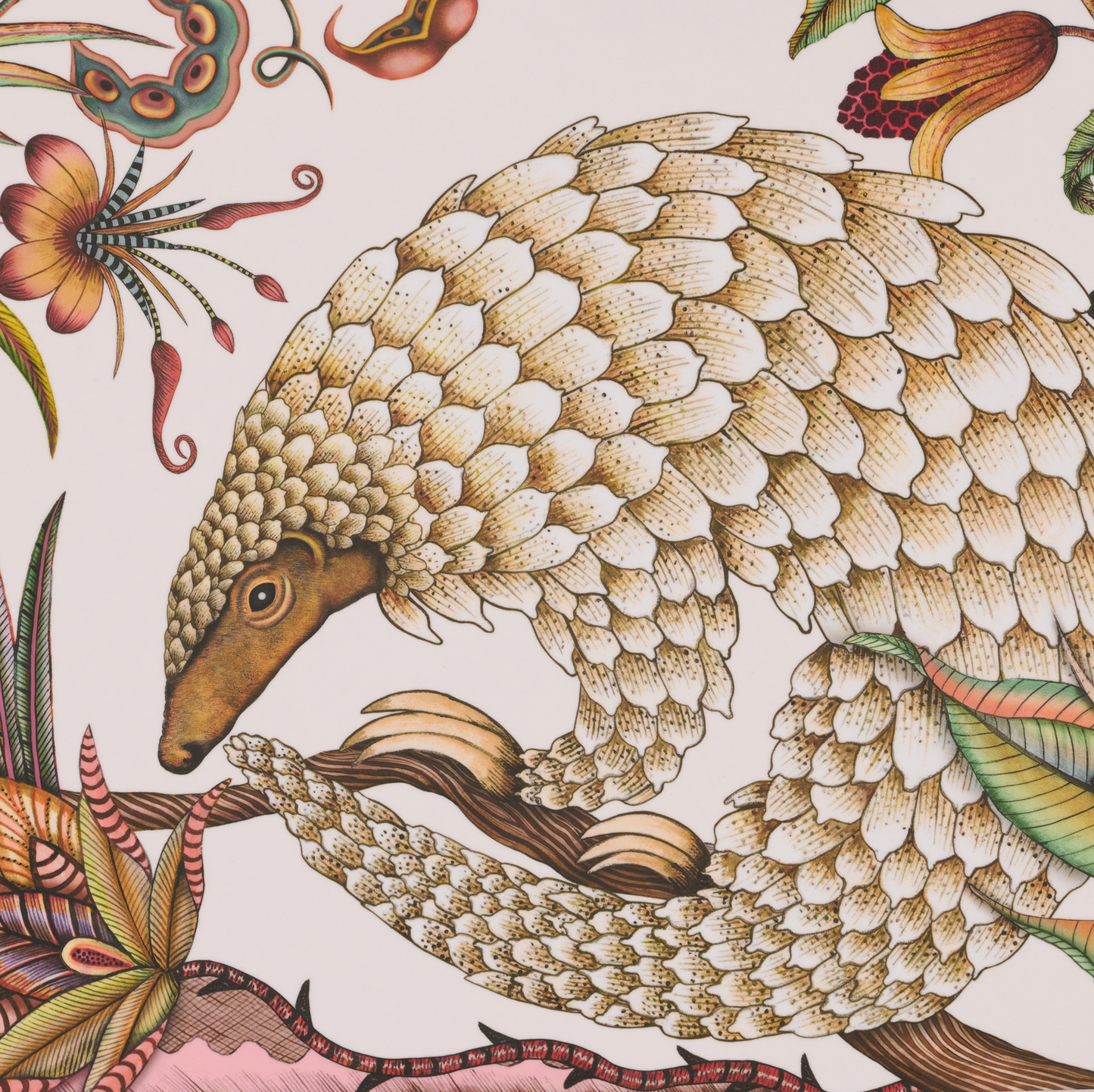 A zoomed-in section of the placemat highlighting the texture and fine detailing of the pangolin’s scales and surrounding foliage.