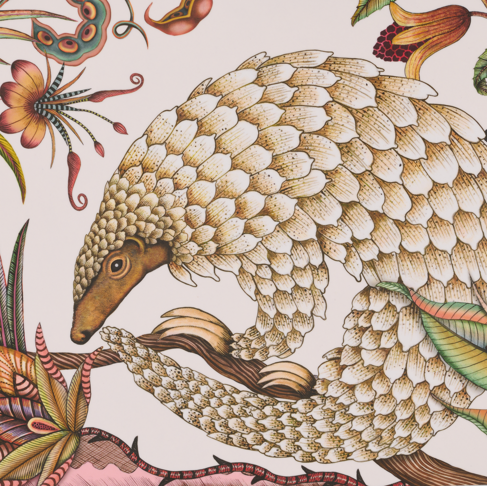A zoomed-in section of the placemat highlighting the texture and fine detailing of the pangolin’s scales and surrounding foliage.