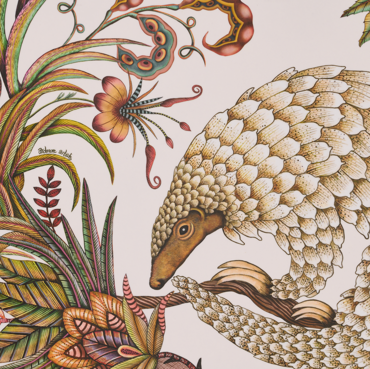 Another detailed view showcasing the artistic depth and shading used in the pangolin and floral design.