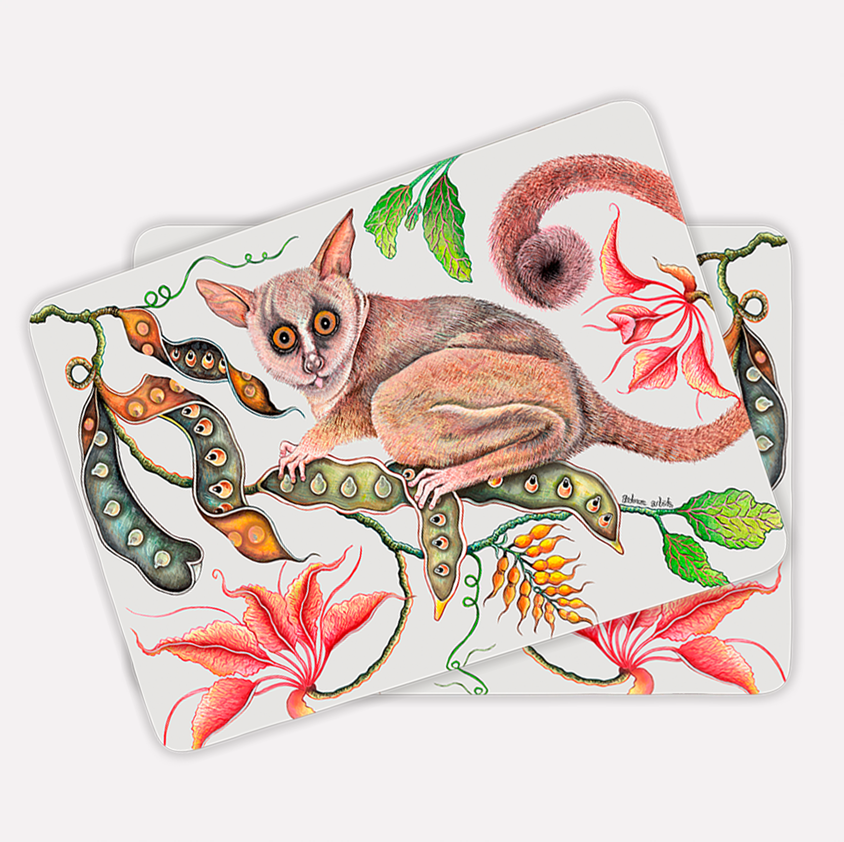A set of placemats neatly stacked, showcasing the consistency of the artwork across multiple pieces, with the bush baby and botanical elements aligning beautifully.