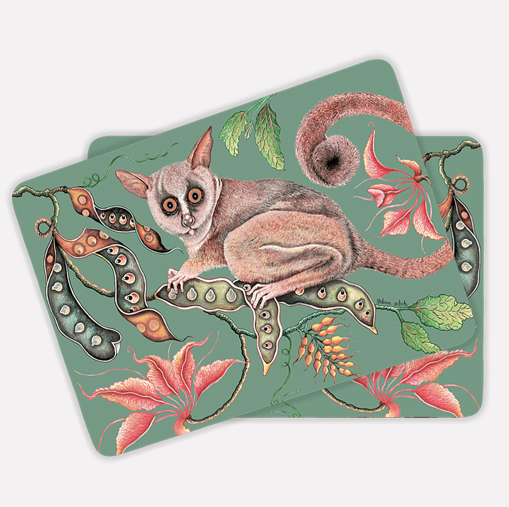 A set of placemats stacked together, showcasing the intricate design across multiple pieces, with the bush baby’s illustration aligning seamlessly.