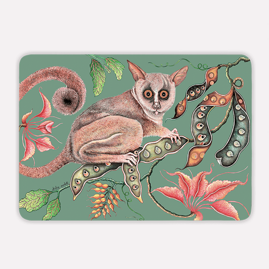 A hardboard placemat featuring a detailed illustration of a bush baby with wide, alert eyes, perched among lush greenery, vibrant flowers, and dangling seed pods, set against a jade green background.