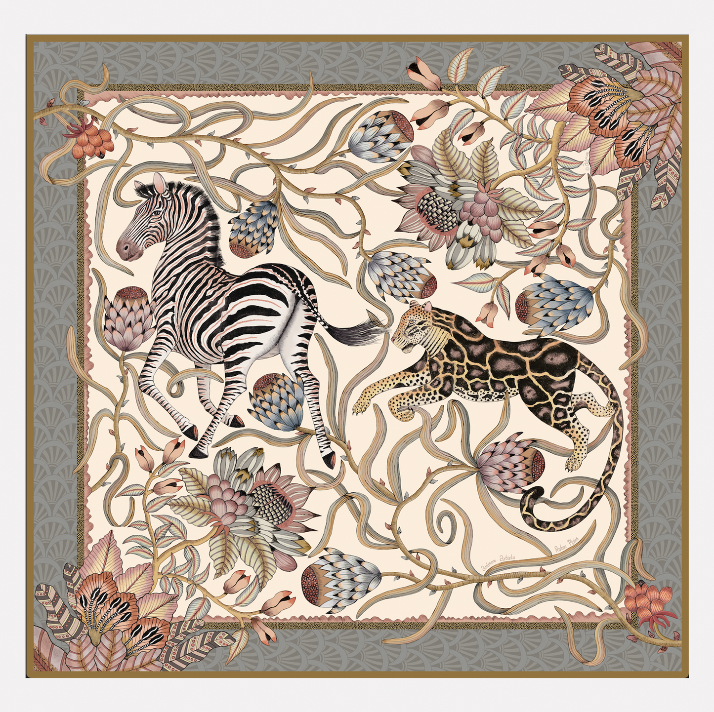 A luxurious oversized silk scarf featuring an intricate African-inspired design with zebras, leopards, and protea flowers in an elegant neutral palette of soft beige, pearl, and muted gold.