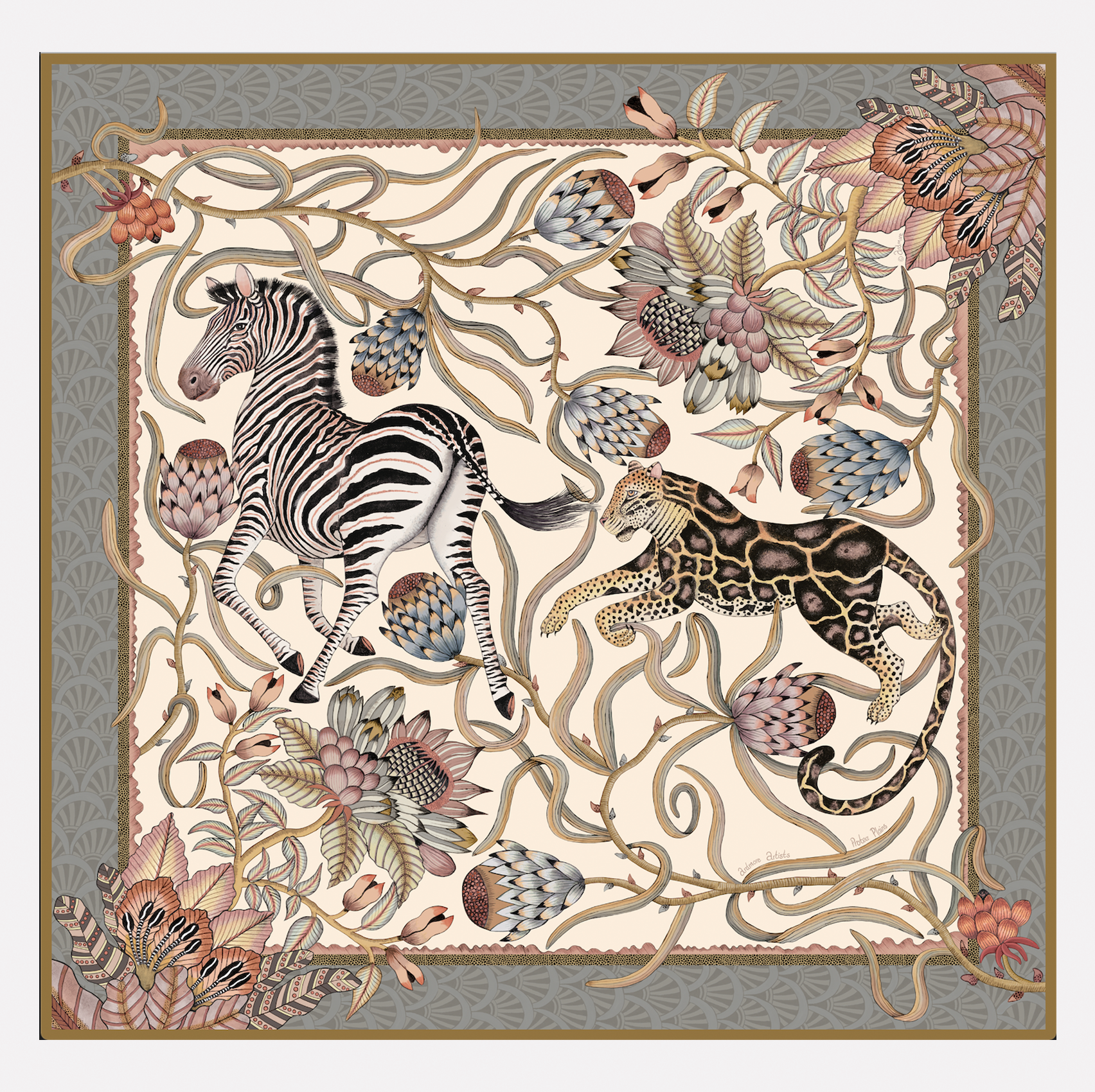 A luxurious oversized silk scarf featuring an intricate African-inspired design with zebras, leopards, and protea flowers in an elegant neutral palette of soft beige, pearl, and muted gold.