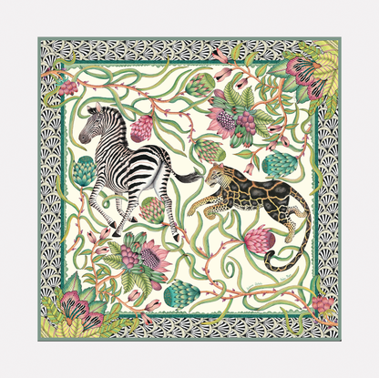 A luxurious silk scarf featuring a safari-inspired design with zebras, leopards, and intricate floral patterns, set against a soft stone-coloured background with a decorative border. 
