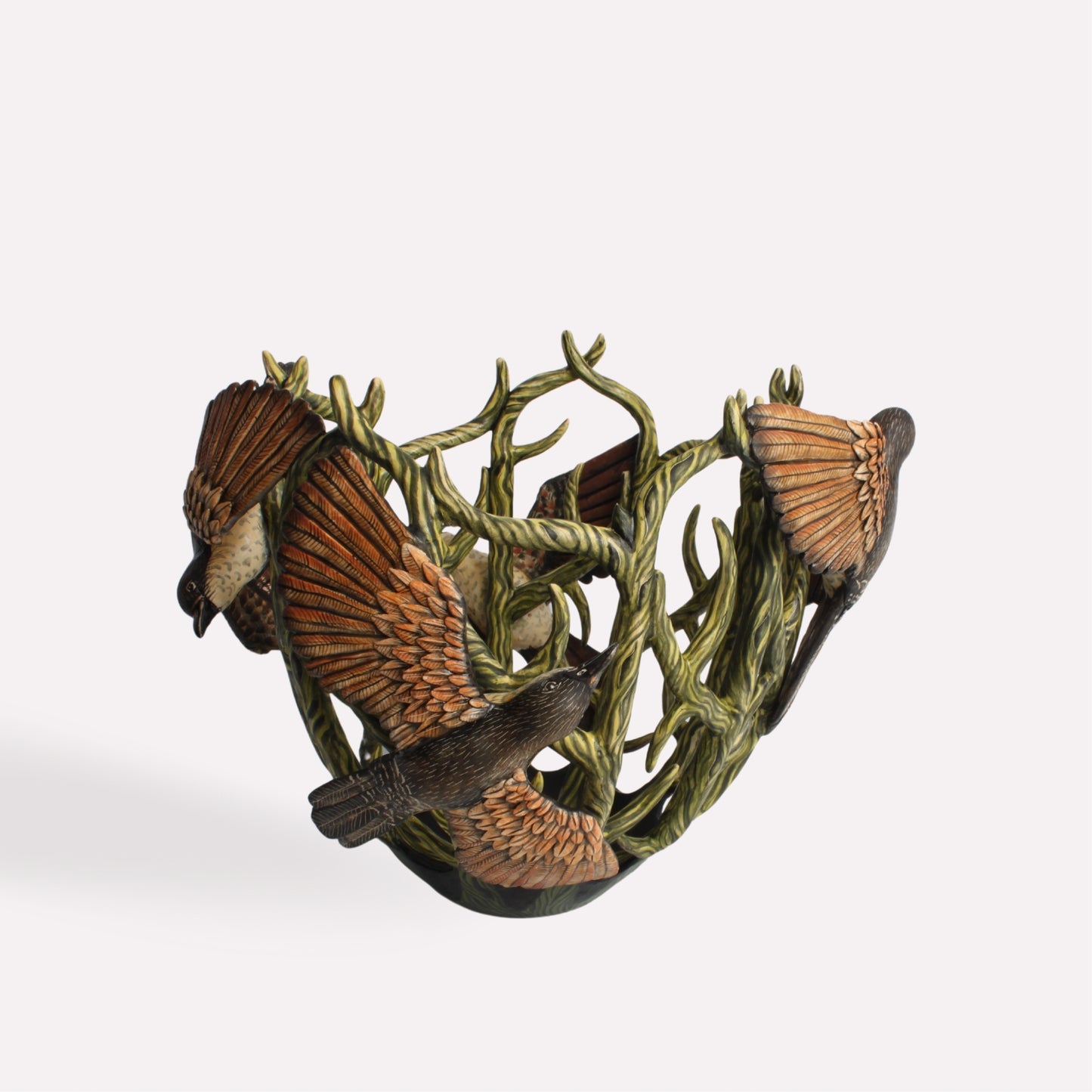  A dynamic angle displaying the curvature of the vessel, emphasizing the seamless blend of nature-inspired elements with functional ceramic craftsmanship.