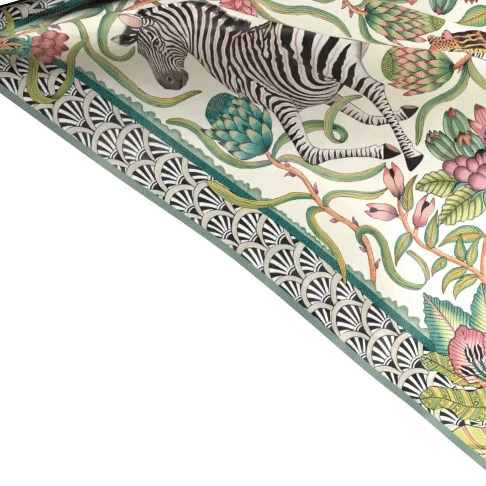 A draped version of the scarf showing the silk’s fluidity, how it folds naturally, and how the pattern moves with the fabric.