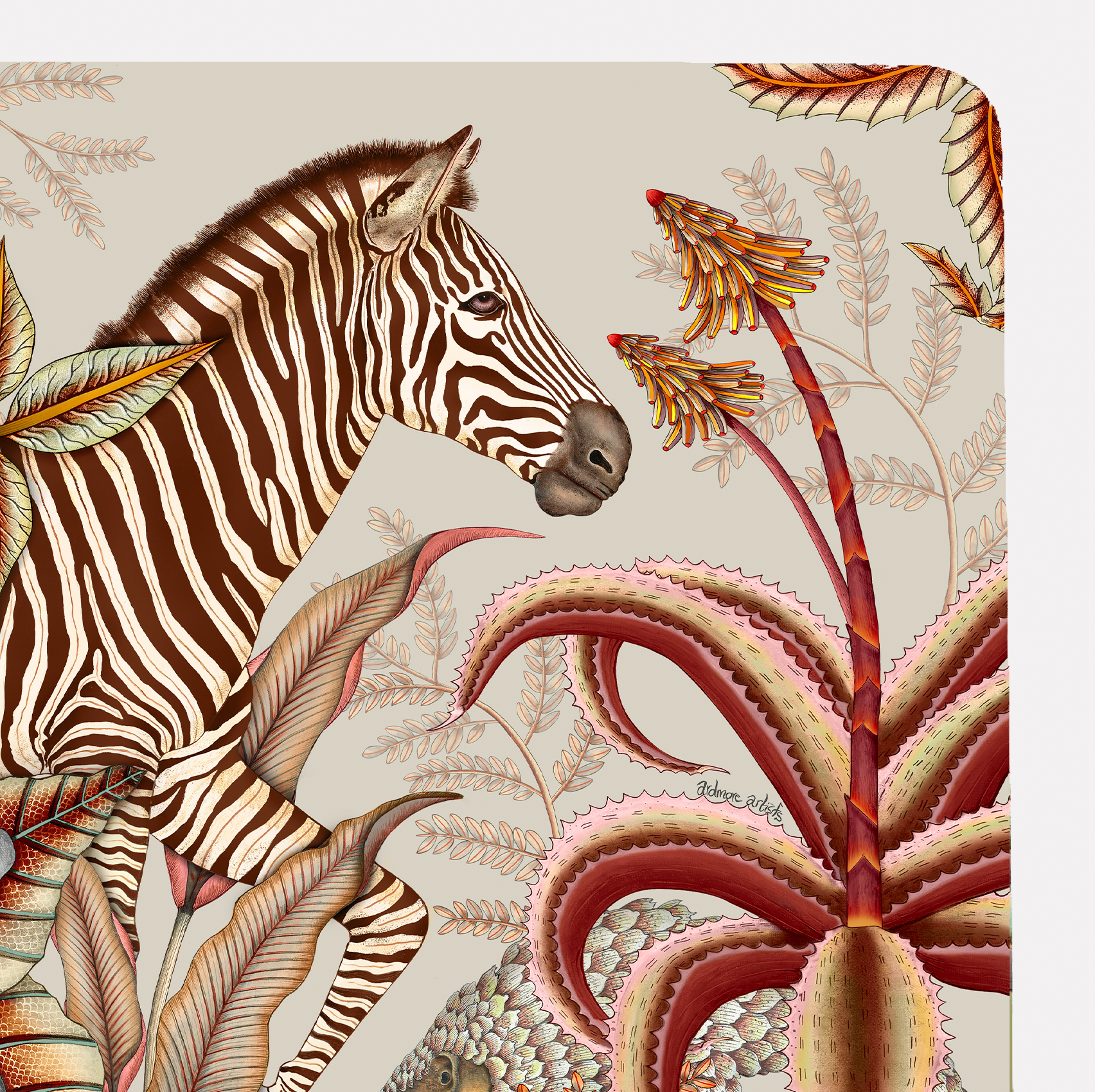 A detailed close-up showcasing the zebra and botanical elements with refined shading and texture.