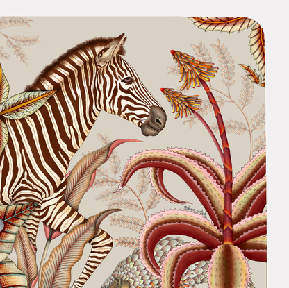 A detailed close-up showcasing the zebra and botanical elements with refined shading and texture.