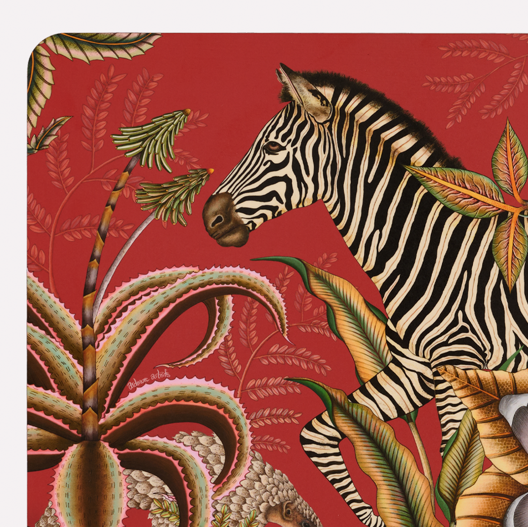 A zoomed-in section highlighting the detailed patterns of the zebra and the lush botanical elements.