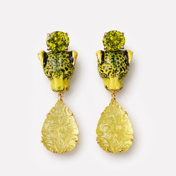 Leopard Green Peridot and Carved Lemon Quartz Earrings