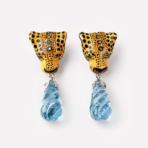 Leopard with Twisty Blue Topaz Drop Earrings