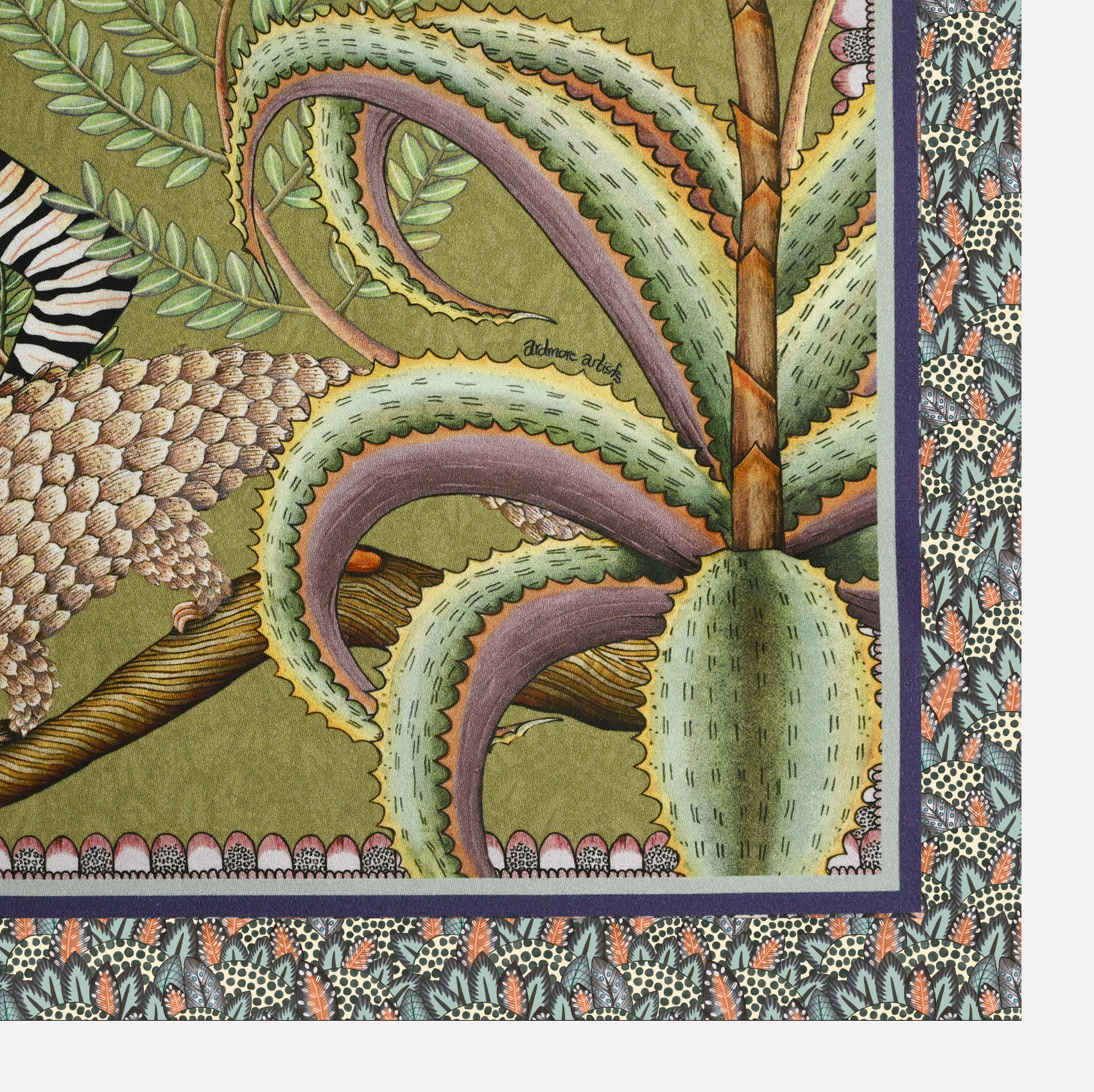 A zoomed-in corner section of the Ardmore Thanda Stripe Napkin in Delta, featuring delicate floral patterns and lush green foliage with subtle texture details.