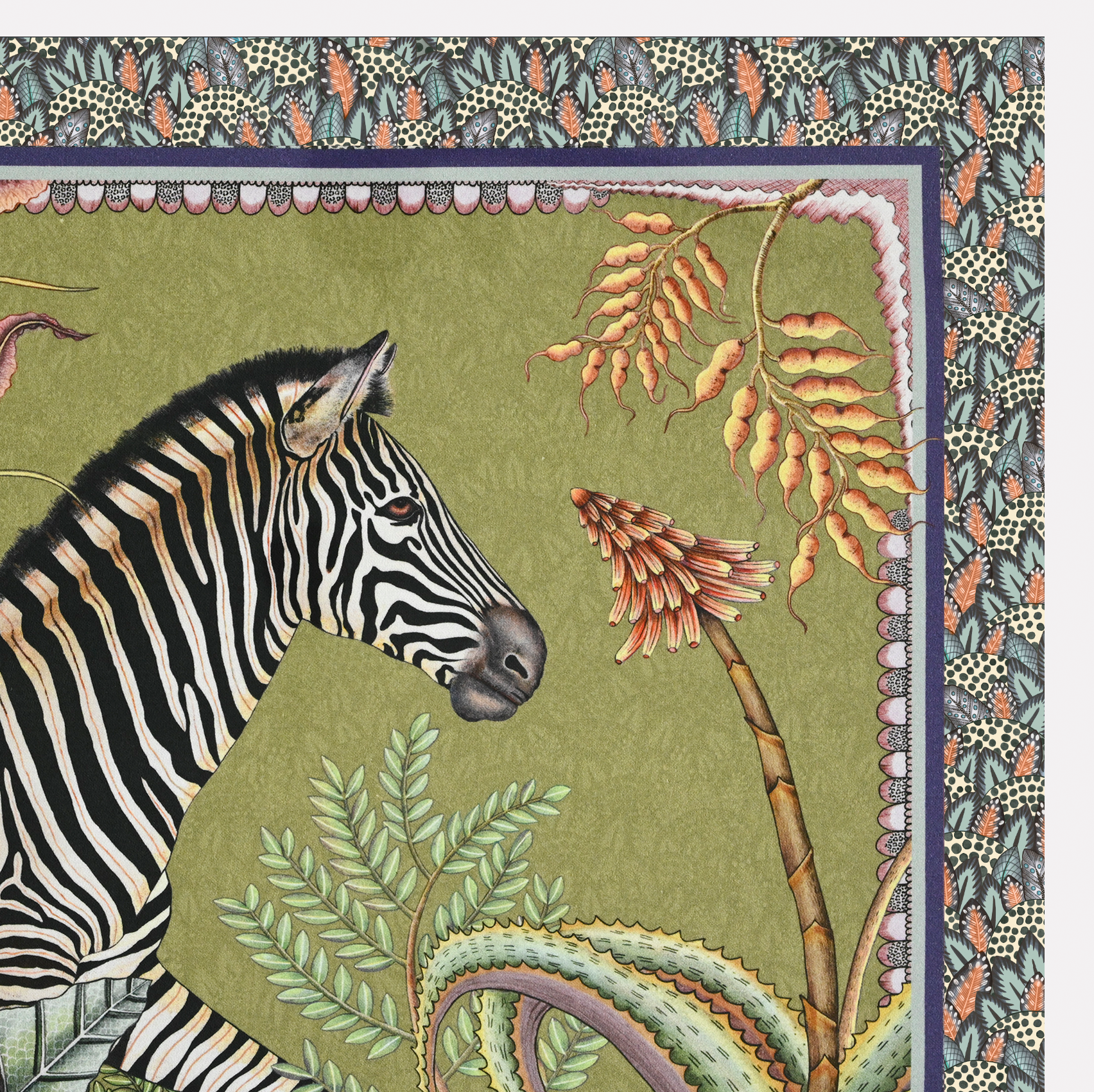 A close-up of the Ardmore Thanda Stripe Napkin in Delta, highlighting the intricate zebra illustration and surrounding botanical elements in earthy tones.