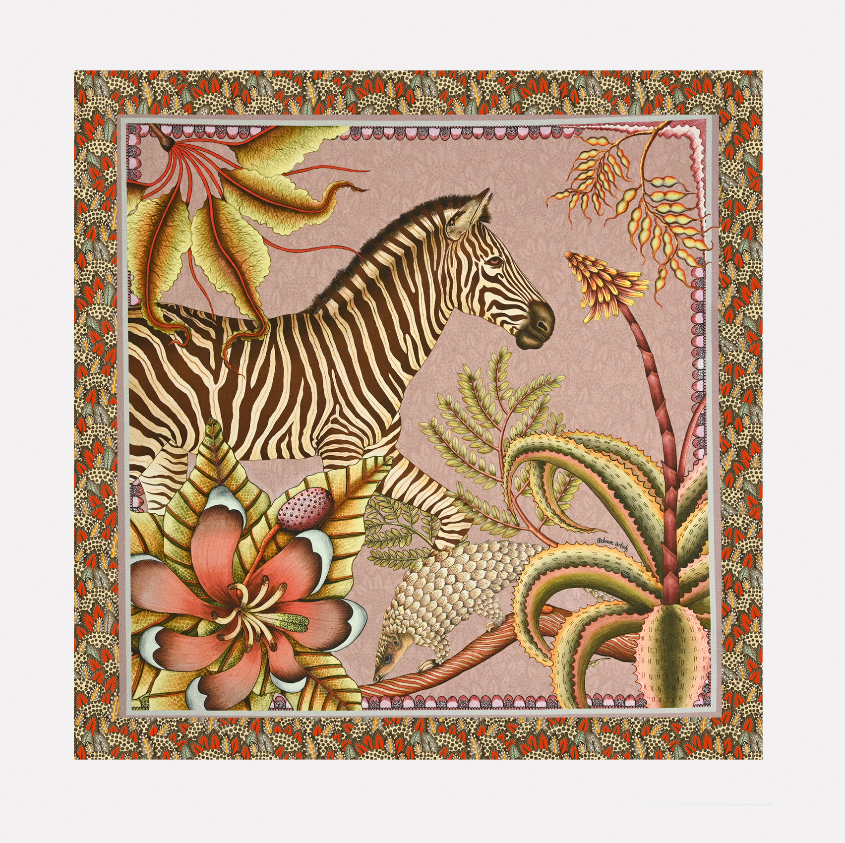 A full view of the Ardmore Thanda Stripe Napkin in Magnolia, featuring a zebra and pangolin among lush African flora, framed by an intricate patterned border in soft pink and earthy tones.